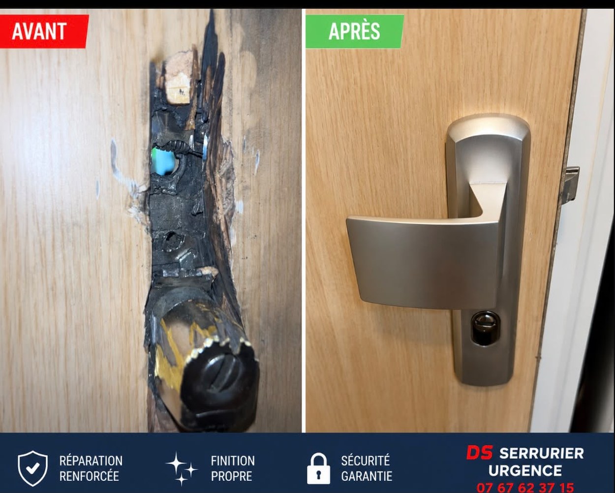 Réparation de porte endommagée avant/après par DS Serrurier, Île-de-France