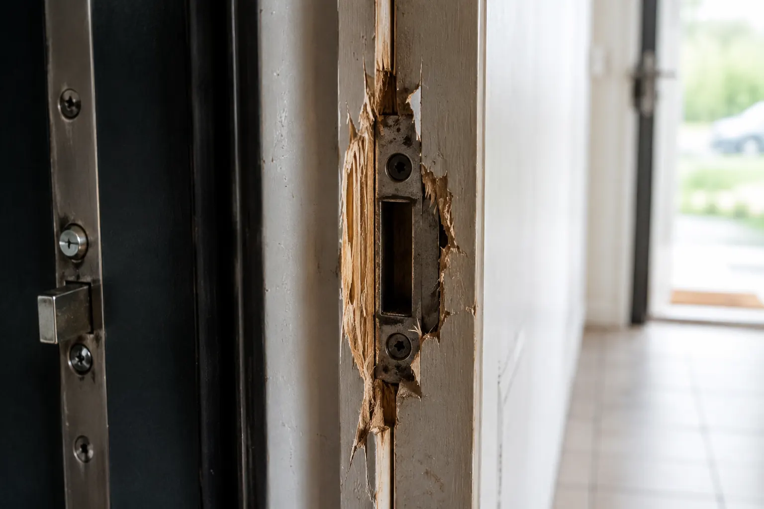 Chambranle de porte endommagé après tentative d'effraction