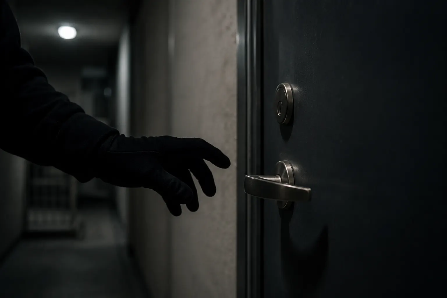 Main gantée s'approchant d'une poignée de porte dans un couloir sombre